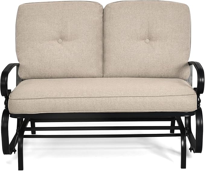 Giantex Outdoor Glider Bench, Patio Loveseat with Cushions, 440 Lbs Capacity, 2-Person Outdoor Rocking Chair, Porch Glider Swing for Garden, Backyard, Poolside, Patio Seating Rocker (Beige)
