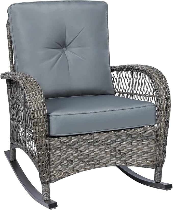 MEETWARM Outdoor Wicker Rocking Chair, Rattan Patio Rocker Chairs with Cushions and High Back, All-Weather Patio Wicker Chair with Safe Rocking Design for Garden Backyard Porch, Gray