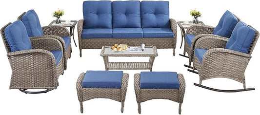 10-Piece Patio Furniture Set-Patio Rocking Chairs Set of 4 Outdoor Rattan Sofa Sets with Coffee Table Outdoor Patio Furniture Sets for Deck Porch Garden Balcony Poolside-Grey/Blue