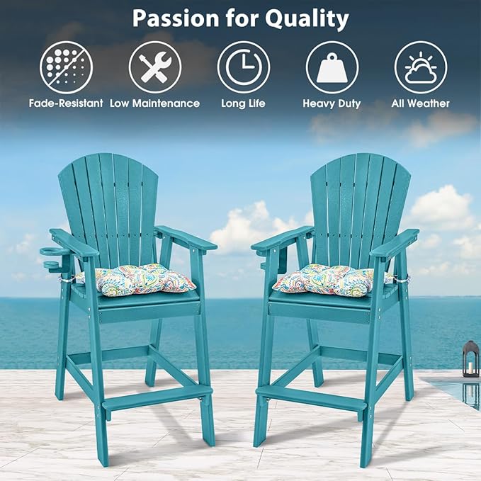 Sundale Outdoor Adirondack Bar Chairs Set of 2, Patio HDPE Bar Stools with Backrest, 30 Inch Seat Height Bistro Tall Dining Counter Barstools with Cushion, All-Weather Pub Height Chairs, Turquoise