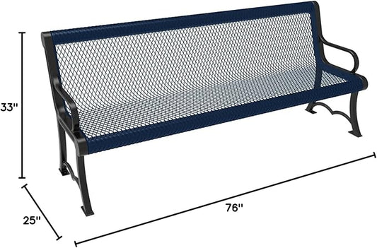COATEDOUTDOORFURNITURE Heavy-Duty Outdoor Bench Thermoplastic Coated, Expanded Metal, Commercial-Grade Garden Bench, Made in America (Portable with Back, 6 Ft, Textured Dark Blue)