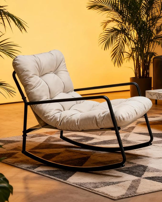 Outdoor Rocking Chair, Metal Patio Rocking Chair, Indoor Rocking Chair with Cushion, Papasan Rocking Lounge Chair, Comfy Modern Rocker Chair for Porch, Living Room, Garden, Backyard, Off-White