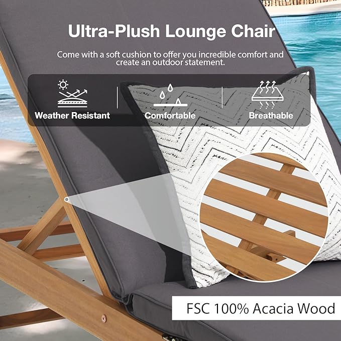 Patiorama Patio Acacia Wood Chaise Lounge Set of 4, Outdoor Folding Lounge Chair Recliner w/Adjustable Backrest, Wheels,Padded Cushion, Portable Sun Lounger Pool Chair for Deck,FSC Certified,Dark Grey