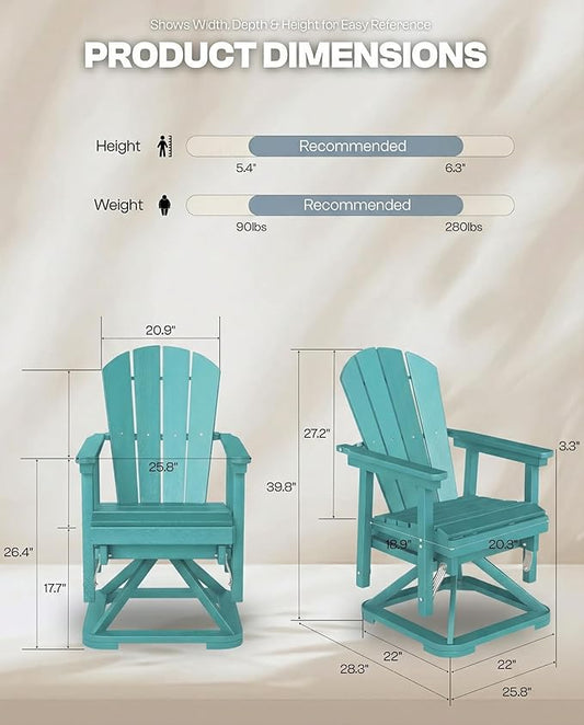 HDPE Swivel Glider Chair Outdoor, Weather Resistant Adirondack Outside Rocking Chair, Wooden Textured Outdoor Swivel Chair Set of 2 for Porch, Balcony, Poolside, Backyard (Aruba Blue)