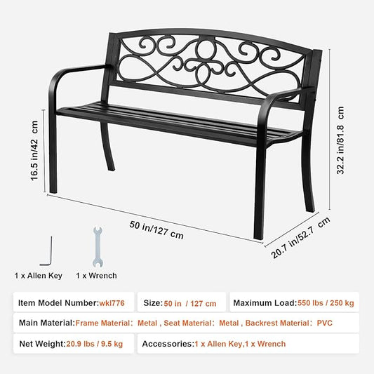 Happybuy 50-Inch Metal Outdoor Garden Bench, 550 lbs Load Capacity, Patio Bench with Backrest & Armrests, Durable Bench for Park, Yard, Garden, Porch
