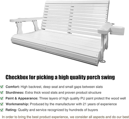 Wooden Porch Swing 2-Seater, Bench Swing with Cupholders, Hanging Chains and 7mm Springs, Heavy Duty 800 LBS, for Outdoor Patio Garden, Pure White, 4 FT Extra Large