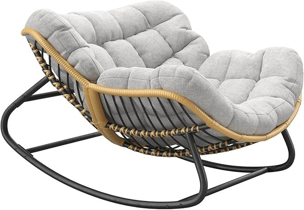 Oversized Papasan Rocking Chair with Cushion, Indoor/Outdoor Wicker Egg Lounge Rocker, Supports 300 lbs - Photo 1