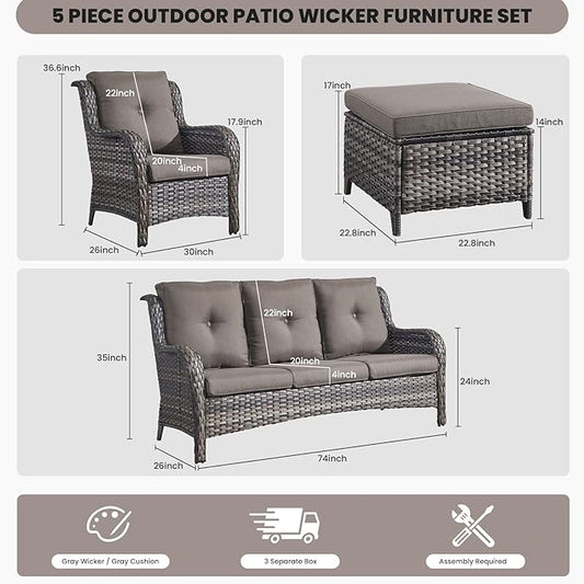 Belord Outdoor Wicker Furniture 5 Pieces Patio Furniture Sofa Set Patio Wicker Chairs with Ottomans Conversation Set for Porch Garden Deck Balcony Poolside