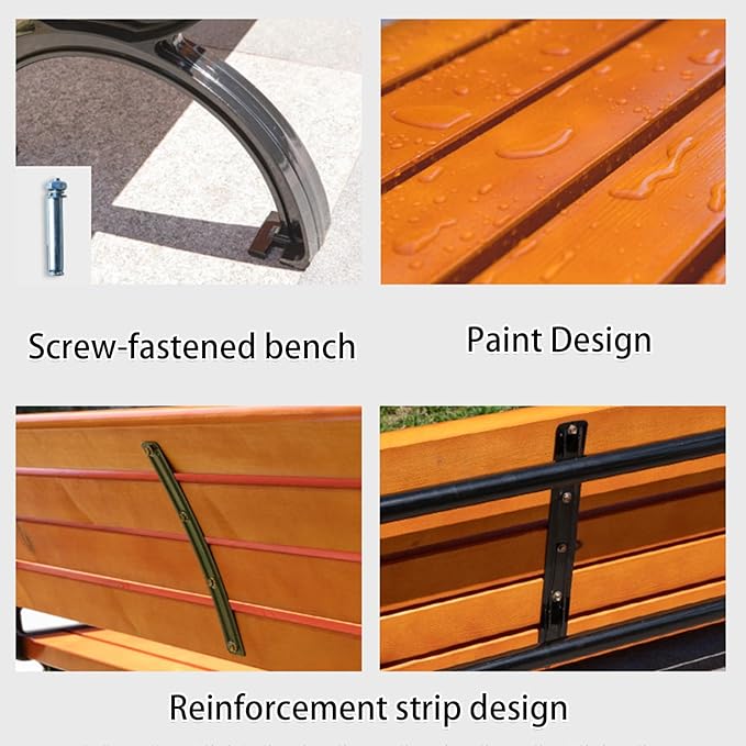 Garden Bench, Outdoor Metal Bench, Bench Park with Armrests and Backrests, Wooden Bench Patio for Garden, Porch, Yard, Slatted Seat(150cm/59in)