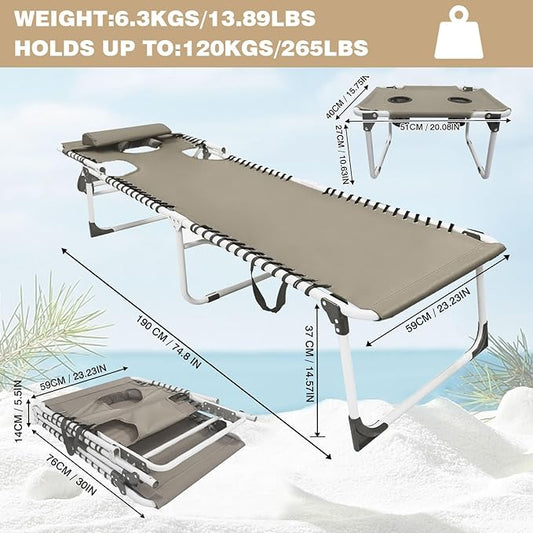 Sun Tanning Chair with Face Hole 5-Position Folding Lounge Chair Outdoor with Portable Beach Table for Poolside Sunbathing Camping Lawn Backyard