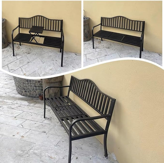 Metal Garden Bench, Patio Porch Furniture, All-Weather Outdoor Bench, Outdoor Benches with Foldable Small Table Plate(Bronze)