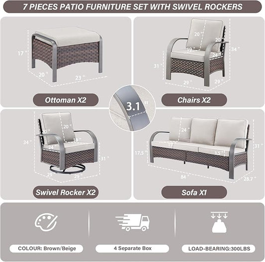 Belord Patio Conversation Sets - 7 Piece Outdoor Patio Furniture Sets with Swivel Rocker Outdoor Chairs, Wicker Couch, Rattan Ottoman for Lawn Backyard Porch Garden, Brown