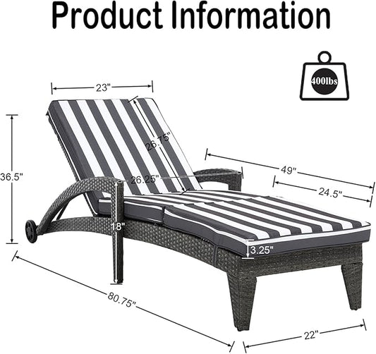 Patio Chaise Lounger Set of 2, Outdoor Lounger Patio Chairs, Heavy Duty Lounge Chairs Outdoor, Chaise Lounges for Resort, Backyard, Deck, Poolside, Garden, Grey Stripe