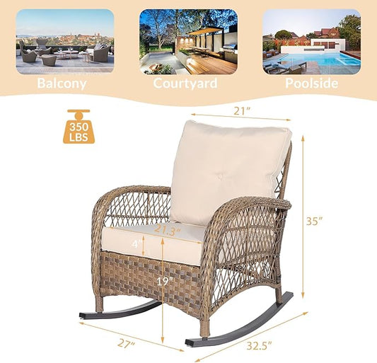 Outdoor Wicker Rocking Chair with Thickened Cushions, All-Weather Rattan Patio Rocking Chairs, Rocker Wicker Chair for Backyard & Porch Garden, Beige
