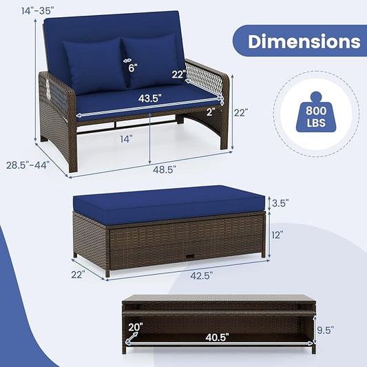 Moccha Outdoor Daybed, PE Rattan Double Chaise Lounge w/ 4-Level Adjustable Back, Storage Ottoman, Cushions & Pillows, Separated Seating, Wicker Sunbed for Garden Patio Furniture Set (Navy)