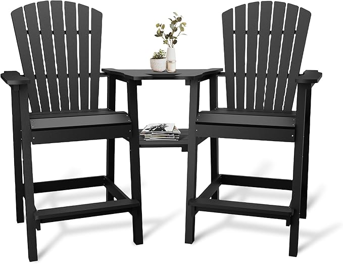 GAOMON Tall Adirondack Chairs Set of 2, Recycled HDPE Bar Height Patio Chairs with 2 Removable Connecting Trays & Umbrella Hole, Heavy Duty Outdoor Furniture for Deck, Backyard, Garden, Balcony, Black