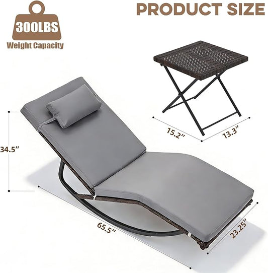 Outdoor Lounge Chair Set of 3, Patio Chaise Lounger with Folding Table and Adjustable Headrest, Easy 4-Step Assembly, All-Weather PE Rattan & Steel Frame for Pool, Patio, Porch, Backyard(Gray)