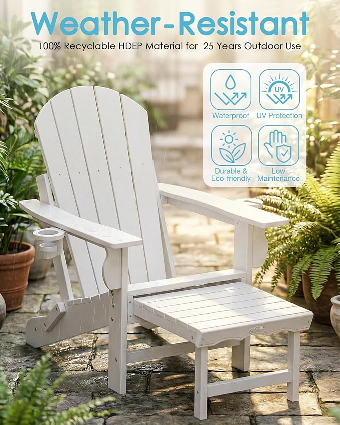 Folding Adirondack Chair with Ottoman, Recyclable HDPE Adirondack Patio Chair with 2 Cup Holder, Outdoor Fire Pit Chairs with Pull Out Footrest, Weather Resistant for Garden, Deck, Poolside, White