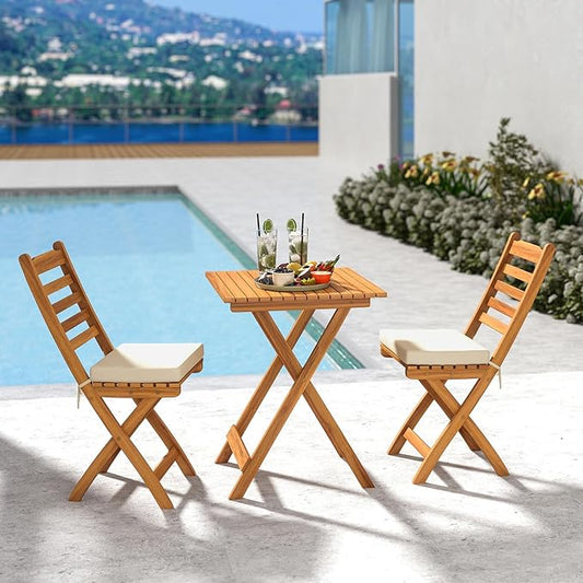 HAPPYGRILL Folding Patio Chairs Set Acacia Wood Outdoor Dining Chairs with Slatted Backrests and Soft Seat Cushions for Porch, Backyard and Garden, 400 LBS Weight Capacity (4,Back Style A)