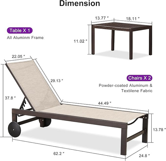 PURPLE LEAF Outdoor Chaise Lounge Chair Set of 2, Pool Lounge Chairs for Outside, Aluminum Patio Chaise Loungers with Adjustable Backrest and Wheels for Deck, Lawn, Garden, Beige