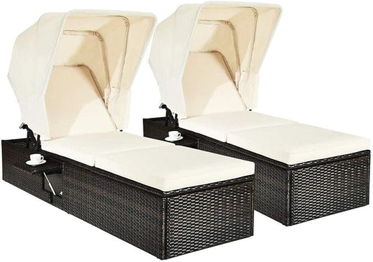 Tangkula Outdoor Chaise Lounge Chair with Folding Canopy, Adjustable Cushioned Reclining Chair with Flip-up Tea Table, Rattan Sun Lounger for Beach Poolside Backyard Balcony Porch (2)