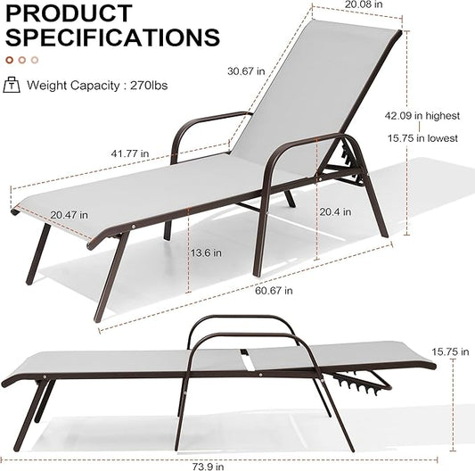 Crestlive Outdoor Chaise Lounge Chair,5-Position Pool Lounge Chairs with Armrests Sunbathing Recliner for Patio,Beach,Deck,Yard (4PC Brown)