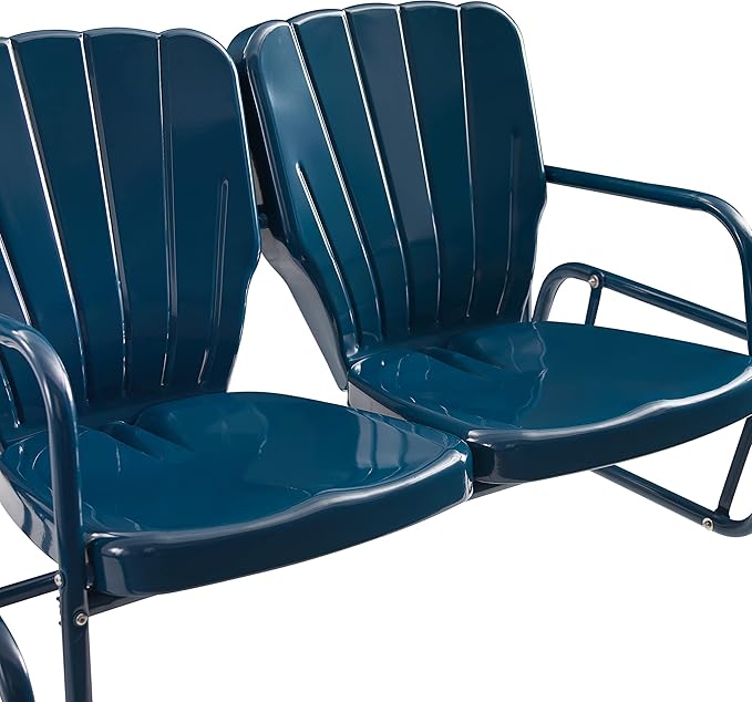 Crosley Furniture Ridgeland Retro Metal Outdoor Loveseat Glider, 2-Person Rocking Patio Bench for Porch, Navy Gloss