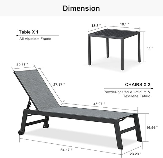 PURPLE LEAF Patio Chaise Lounge Set 4 Pieces Aluminum Outdoor Lounge Chairs with Wheels and Side Table Sunbathing Recliner Mixed Grey