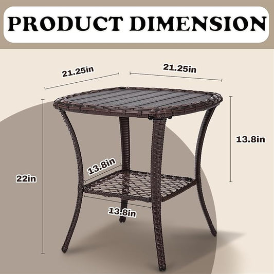 Outdoor Patio Side Table Set of 2 Small Brown Wicker Rattan End Table for Outside Storage Coffee Table with Poly Lumber Table Top for Garden Lawn Pool Porch Deck
