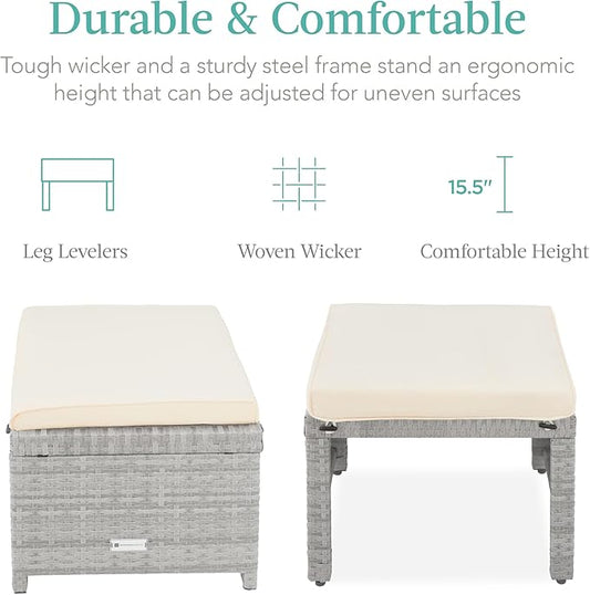 Best Choice Products Set of 2 Wicker Ottomans, Multipurpose Outdoor Furniture for Patio, Backyard, Additional Seating, Footrest, Side Table w/Removable Cushions, Steel Frame - Gray/Cream