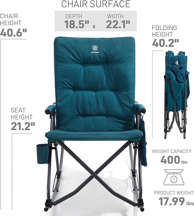 EVER ADVANCED Oversized Folding Rocking Camping Chair Set of 2, Padded Portable Rocker Chair for Patio, Lawn and Outdoors, Heavy Duty Hard Armchair for Adults Supports 400lbs, Green