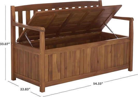 SAFAVIEH Outdoor Patio Furniture Collection – Kelter Solid Teak Wood Bench Box with Storage, Slatted Design, Versatile Indoor/Outdoor Seating (PAT6813A)