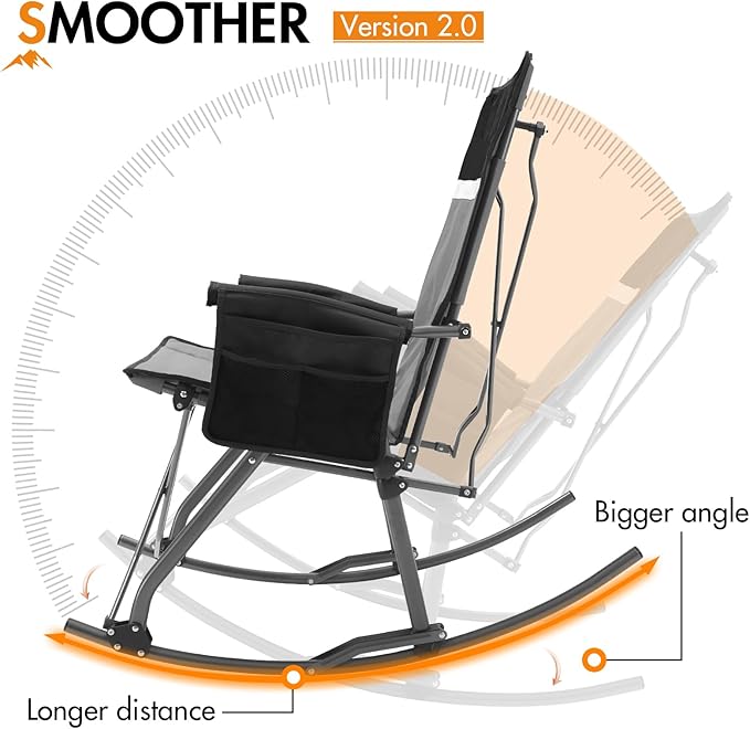 Portal Oversized Folding Rocking Camping Chair for Adults, Portable & Foldable Outdoor Lawn Rocker Chairs with High Back Hard Armrests Carry Bag for Outside, Camp, Patio, Supports 400lbs, Grey&Black