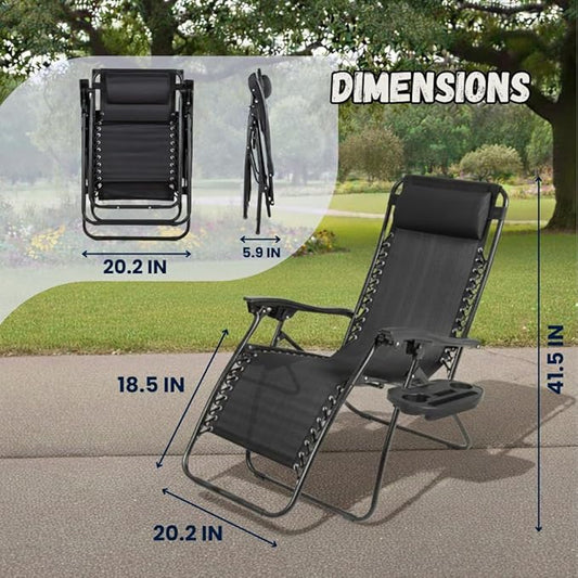 EZONE Zero Gravity Lounge Chairs Outdoor Adjustable Reclining Patio Chair Steel Mesh Folding Recliner for Pool Beach Camping Lounge Chair with Pillows and Cup Tray (2, Black)
