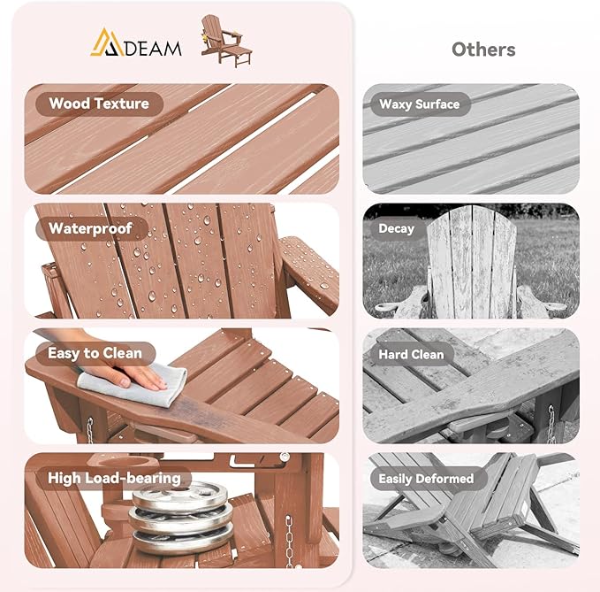 Mdeam Folding Adirondack Chair with 3-Level Adjustable Backrest, Weather-Resistant, 2 Cup Holders, Retractable Ottoman, Perfect for Patio, Garden, Backyard, Lawn, and Outdoor Use (Teak)