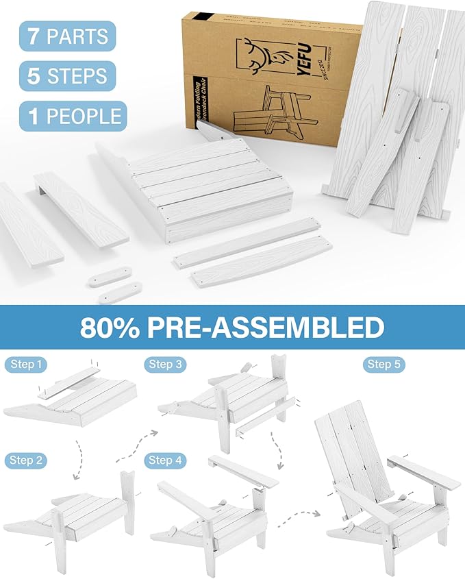 YEFU Adirondack Chairs Oversize Folding :400lb Weight Capacity - Plastic Adirondack Chairs - High Back Modern Like Wooden - All-Weather Use for Outdoor/Patio/Fire Pit/Garden/Camping - (White)