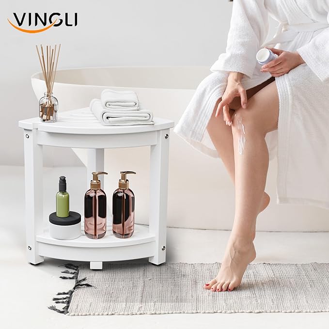 VINGLI Outdoor Side Table, HDPE Space-Saving Patio Side Table Corner Table Shower Bench, Waterproof 2-Tier Patio End Tables for Balcony Garden Deck (White)
