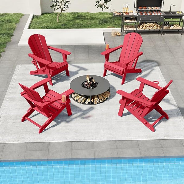 Folding Adirondack Chairs with Cup Holders, Set of 4 HDPE Plastic Outdoor Chairs, Weather Resistant, Real Wood Look - Photo 1