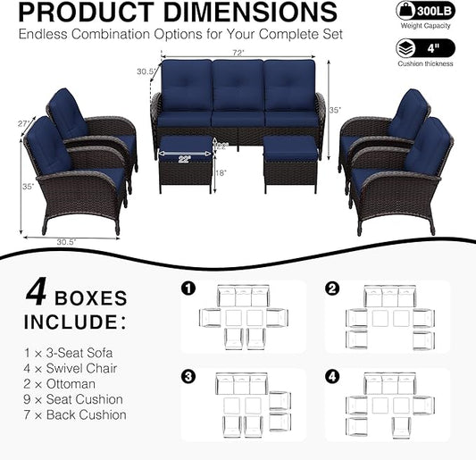 Joyside Wicker Patio Furniture Set, 7 Piece Outdoor Furniture Set with Thickened Cushions, High Back, Deep Seating, Wide Armrest, Rattan Outdoor Chairs for Porch, Deck
