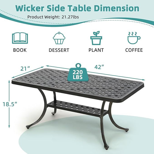 MEETWARM Outdoor Cast Aluminum Coffee Table, 42" Rectangle Patio Coffee Table with 2-Tier Storage Shelf, All-Weather Heavy Duty Patio Side Table for Outside Poolside Deck Garden & Indoor, Dark Bronze
