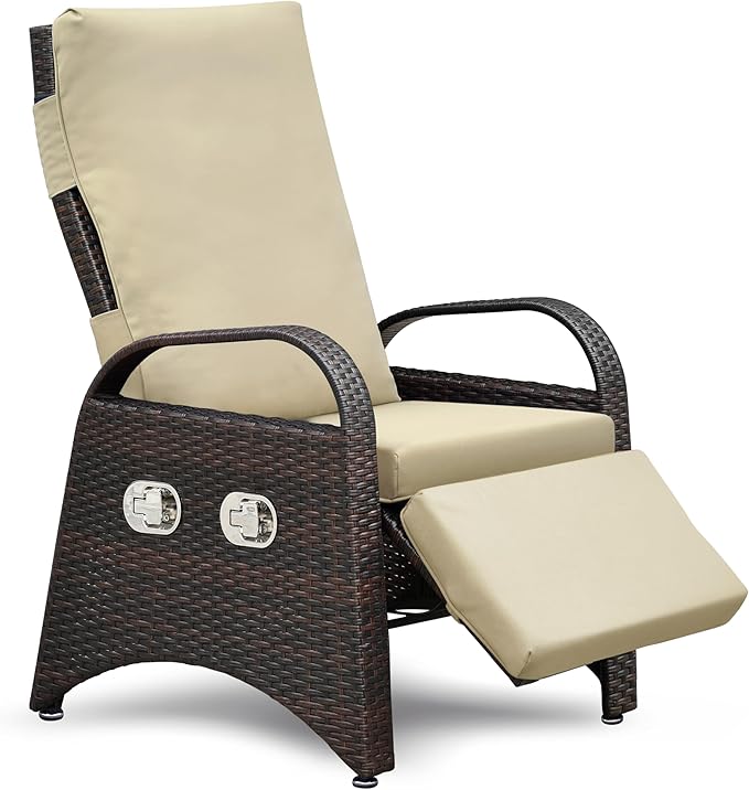 ATR ART TO REAL Outdoor Recliner Chairs, PE Wicker Reclining Lounge Chair with Removable Soft Cushion, Adjustable Outside Recliners for Patio, Porch, Poolside, Balcony, Lawn (Khaki, 1 PC)
