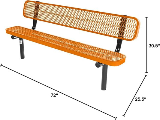 COATEDOUTDOORFURNITURE Heavy-Duty Outdoor Bench Thermoplastic Coated, Expanded Metal, Commercial-Grade Seating, Made in America (Inground with Back, 6 Ft, Textured Orange)