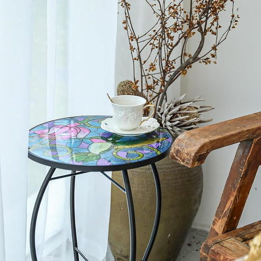 VCUTEKA Mosaic Patio Side Table Outdoor Accent Table Bistro Coffee Table Plant End Table Small Porch Table Indoor Round Glass Balcony Hummingbird Plant Table Stands