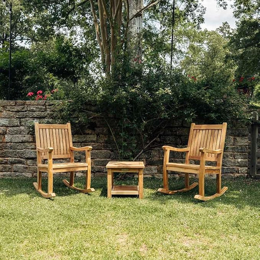 TITAN GREAT OUTDOORS Ash & Ember Cascade Grade A Teak Rocking Chair, Weather Resistant Premium Wood Outdoor Furniture Rocking Chair with Intricate Back Support, Armrests, Sloped Runners