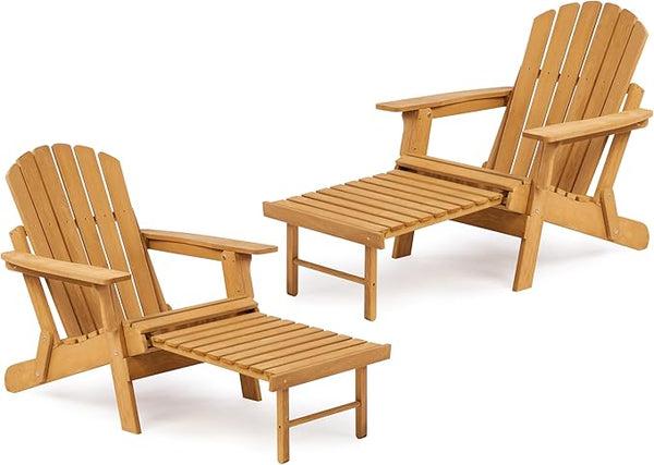 SoliWood Set of 2 Oversized Outdoor Wooden Folding Adirondack Chair with Retractable Ottoman - Photo 1