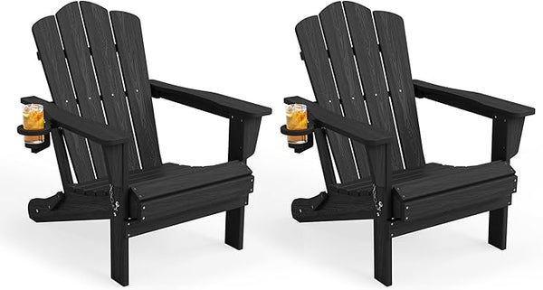 KINGYES Folding Adirondack Chair Set of 2, HDPE All-Weather Patio Chairs with Cup Holder - Photo 1