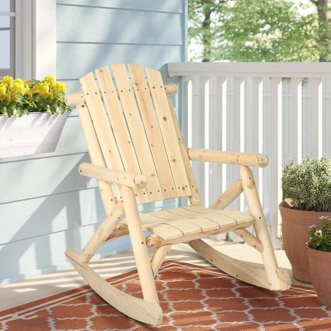 HOMEDIARY Wooden Adirondack Rocking Chair, Patio Log Rocker Outdoor Lounge Chair with Slatted Wooden Design, High Fanned Back & Classic Rustic Style for Patio Garden Backyard Porch, Natural