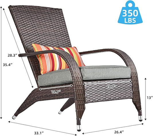 Wicker Adirondack Chair Fire Pit Chairs Oversized Comfy Patio Chairs Outdoor Wicker Rattan Chairs with Cushion Grey Low Deep Seating High Back with Pillow for Outside Backyard Deck Porch Lawn