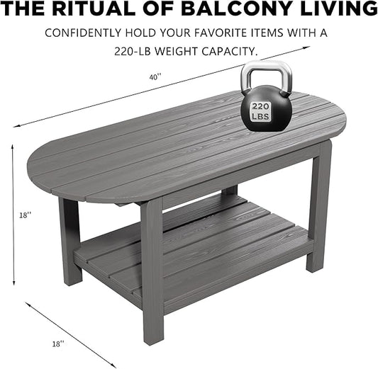 HIPS Coffee Table with Rounded Curved Sides Indoor Outdoor, Rustic Wood Desktop Easy Assembly Farmhouse Style, Suitable for Home Office Use. (Grey)
