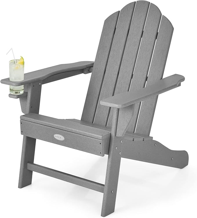 Tangkula Adirondack Chair Outdoor, Fade Resistant HDPE Armchairs with Cup Holder, Weather Resistant Lounger Chairs for Patio Garden Backyard Deck, Lawn Porch Seating, Adirondack Lounger (4, Grey)